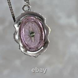 Antique Art Deco Camphor Glass Pendant Necklace Sterling Silver Purple Pink 17