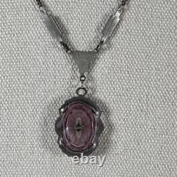 Antique Art Deco Camphor Glass Pendant Necklace Sterling Silver Purple Pink 17