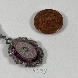 Antique Art Deco Camphor Glass Pendant Necklace Sterling Silver Purple Pink 17