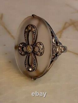 Antique Art Deco Camphor Glass Rock Crystal Cocktail Ring 8 Sterling Silver JOY