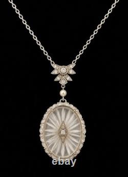 Antique Art Deco Camphor Glass Sterling Silver Necklace Sunburst Filigree