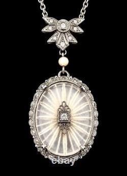 Antique Art Deco Camphor Glass Sterling Silver Necklace Sunburst Filigree