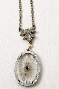 Antique Art Deco Camphor Glass Sterling Silver Necklace Sunburst Filigree