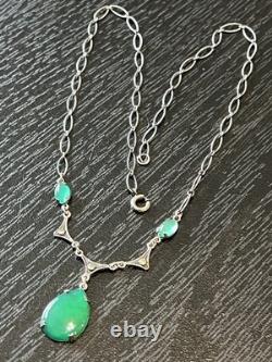 Antique Art Deco Signed Sterling Silver Green Glass Paste Emerald Necklace
