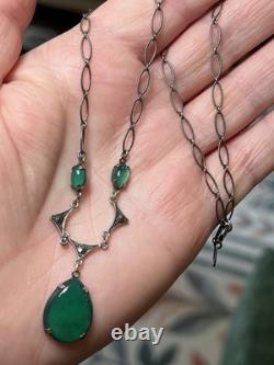 Antique Art Deco Signed Sterling Silver Green Glass Paste Emerald Necklace
