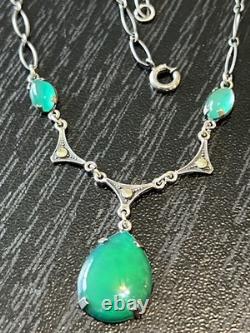 Antique Art Deco Signed Sterling Silver Green Glass Paste Emerald Necklace