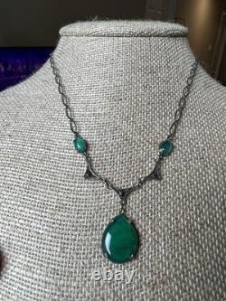 Antique Art Deco Signed Sterling Silver Green Glass Paste Emerald Necklace Antique Art Deco Signed Sterling Silver Green Glass Paste Emerald Necklace