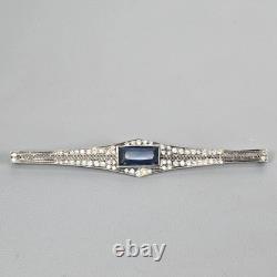 Antique Art Deco Sterling Silver Bar Brooch Sapphire Blue Glass & Rhinestones