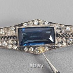 Antique Art Deco Sterling Silver Bar Brooch Sapphire Blue Glass & Rhinestones