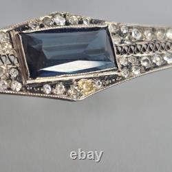 Antique Art Deco Sterling Silver Bar Brooch Sapphire Blue Glass & Rhinestones