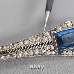 Antique Art Deco Sterling Silver Bar Brooch Sapphire Blue Glass & Rhinestones