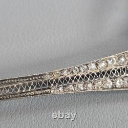 Antique Art Deco Sterling Silver Bar Brooch Sapphire Blue Glass & Rhinestones