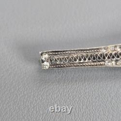 Antique Art Deco Sterling Silver Bar Brooch Sapphire Blue Glass & Rhinestones