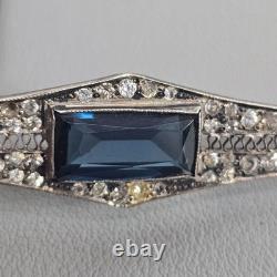 Antique Art Deco Sterling Silver Bar Brooch Sapphire Blue Glass & Rhinestones