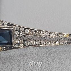 Antique Art Deco Sterling Silver Bar Brooch Sapphire Blue Glass & Rhinestones
