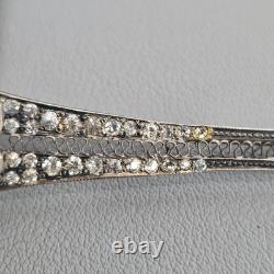 Antique Art Deco Sterling Silver Bar Brooch Sapphire Blue Glass & Rhinestones