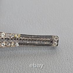 Antique Art Deco Sterling Silver Bar Brooch Sapphire Blue Glass & Rhinestones