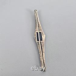Antique Art Deco Sterling Silver Bar Brooch Sapphire Blue Glass & Rhinestones