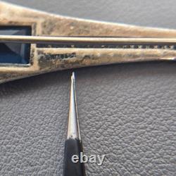 Antique Art Deco Sterling Silver Bar Brooch Sapphire Blue Glass & Rhinestones