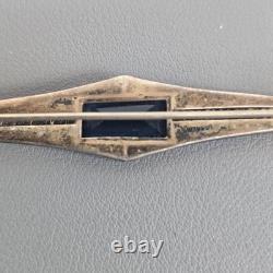 Antique Art Deco Sterling Silver Bar Brooch Sapphire Blue Glass & Rhinestones