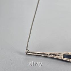 Antique Art Deco Sterling Silver Bar Brooch Sapphire Blue Glass & Rhinestones