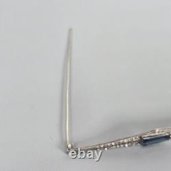 Antique Art Deco Sterling Silver Bar Brooch Sapphire Blue Glass & Rhinestones