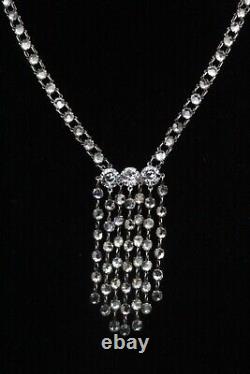 Antique Art Deco Sterling Silver Bezel Set Crystal Glass Lariat Necklace