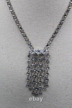 Antique Art Deco Sterling Silver Bezel Set Crystal Glass Lariat Necklace