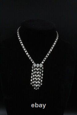 Antique Art Deco Sterling Silver Bezel Set Crystal Glass Lariat Necklace