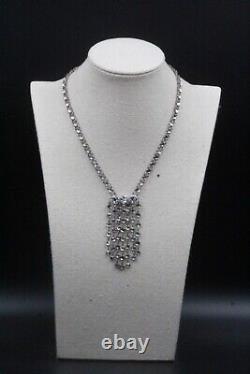 Antique Art Deco Sterling Silver Bezel Set Crystal Glass Lariat Necklace