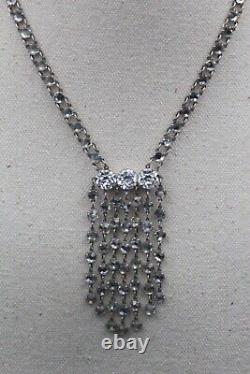 Antique Art Deco Sterling Silver Bezel Set Crystal Glass Lariat Necklace