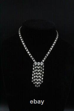 Antique Art Deco Sterling Silver Bezel Set Crystal Glass Lariat Necklace