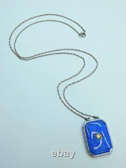 Antique Art Deco Sterling Silver Blue Satin Glass 20 Pendant Necklace
