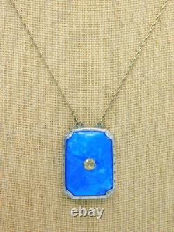 Antique Art Deco Sterling Silver Blue Satin Glass 20 Pendant Necklace