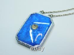 Antique Art Deco Sterling Silver Blue Satin Glass 20 Pendant Necklace