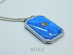 Antique Art Deco Sterling Silver Blue Satin Glass 20 Pendant Necklace