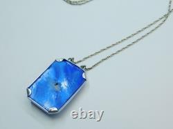 Antique Art Deco Sterling Silver Blue Satin Glass 20 Pendant Necklace