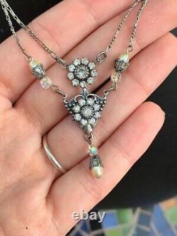 Antique Art Deco Sterling Silver Crystal Paste Pearl Tassel Necklace 18