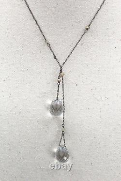 Antique Art Deco Sterling Silver Faceted Czech Glass Tear Drop Lariat Necklace