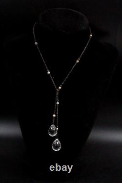 Antique Art Deco Sterling Silver Faceted Czech Glass Tear Drop Lariat Necklace