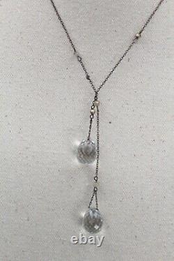 Antique Art Deco Sterling Silver Faceted Czech Glass Tear Drop Lariat Necklace