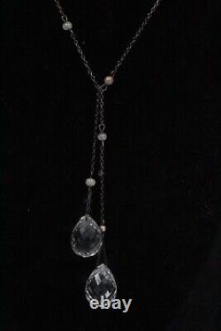 Antique Art Deco Sterling Silver Faceted Czech Glass Tear Drop Lariat Necklace