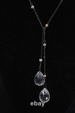 Antique Art Deco Sterling Silver Faceted Czech Glass Tear Drop Lariat Necklace