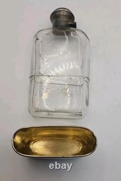 Antique Art Deco Sterling Silver & Gold Hip Flask WithCut Glass & Locking Lid Sign
