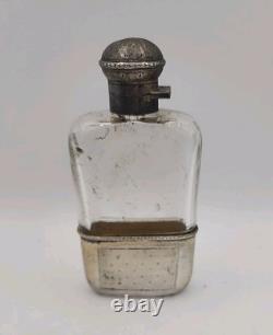 Antique Art Deco Sterling Silver & Gold Hip Flask WithCut Glass & Locking Lid Sign
