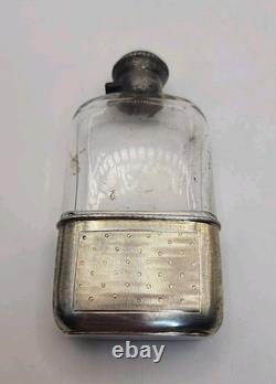 Antique Art Deco Sterling Silver & Gold Hip Flask WithCut Glass & Locking Lid Sign
