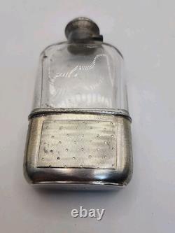 Antique Art Deco Sterling Silver & Gold Hip Flask WithCut Glass & Locking Lid Sign