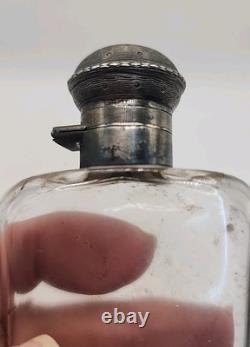 Antique Art Deco Sterling Silver & Gold Hip Flask WithCut Glass & Locking Lid Sign