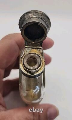 Antique Art Deco Sterling Silver & Gold Hip Flask WithCut Glass & Locking Lid Sign
