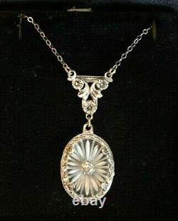 Antique Art Deco Sterling Silver Necklace Diamond Camphor Glass 17.5 4g #1076